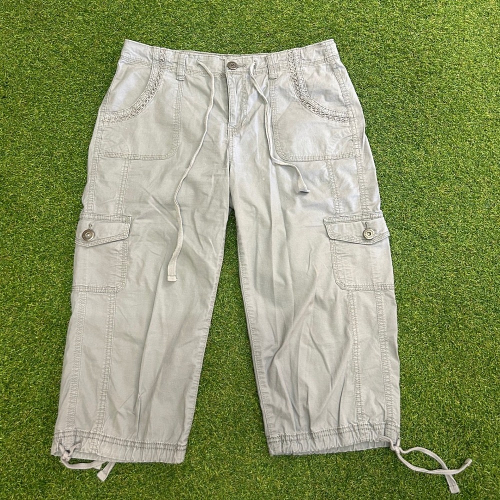 St Johns Bay Gray Cargo Capri Pants Drawstring Waist Utility Crop Size 12